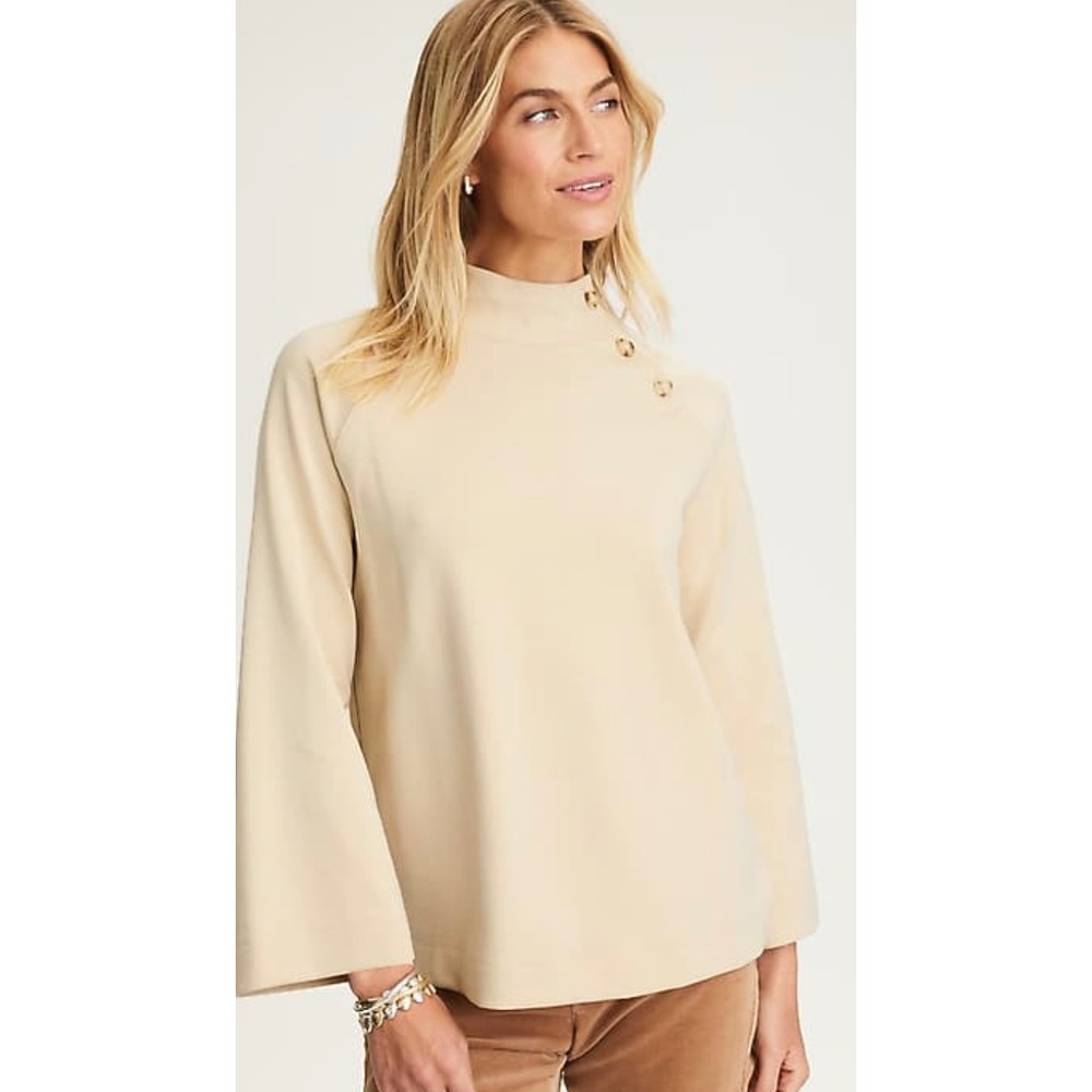 J Jill Oatmeal Mock Neck Button Accent Bell Sleeve Sweatshirt Petite XS‎ NWT